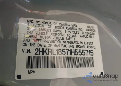 2001 Honda Odyssey Lx z USA, uszkodzony, nr VIN 2HKRL18571H555715
